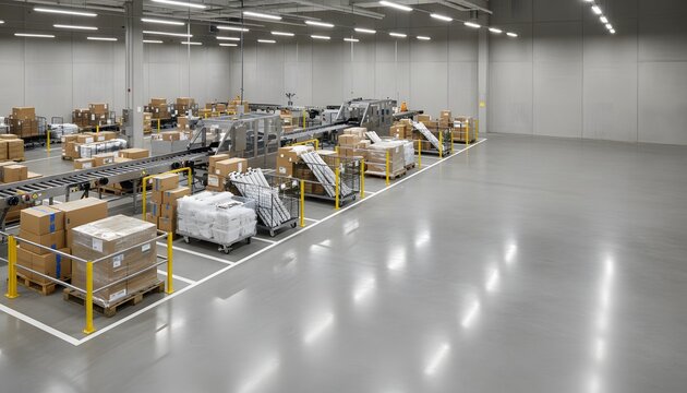 Organized delivery hub with clearly defined parcel zones and clean floor space for scalable logistics flow