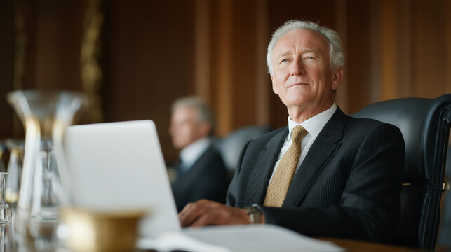Board secretary records minutes on laptop during governance committee meeting, parliamentary procedure handbook open beside device, executive conference room with credenza holding water pitchers and