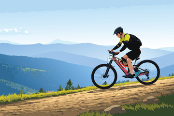 Fototapeta premium Professional cyclist riding a mountain bike on a trail with a beautiful mountain landscape view.