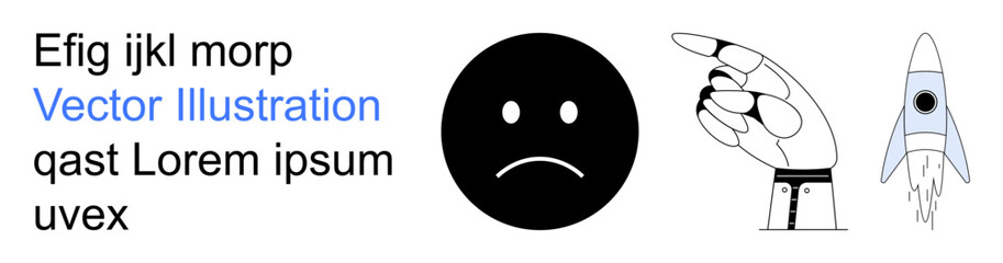 Emotions, expressions, aspirations, creativity, communication, motivation. Sad face icon, pointing hand and rocket illustration. Emotions and aspirations symbols for various creative uses © robu_s