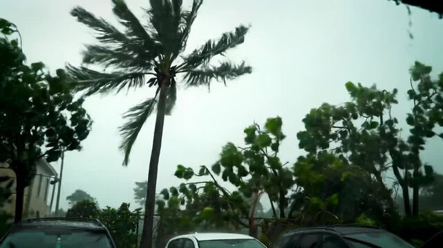 Static wide video of two towering emerald green palm trees thrashing violently in severe tropical storm. Ominous sky, rain-slicked cars, lush vegetation. Gritty destructive nature