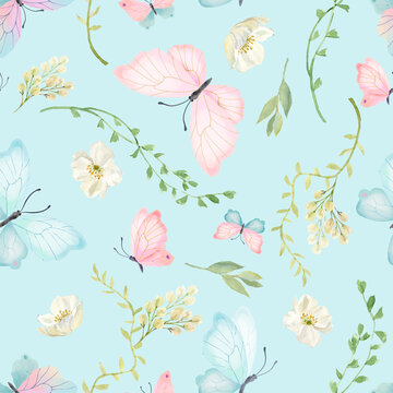 Cute and gentle seamless pattern for girls with pink and blue butterflies, flowers and branches.