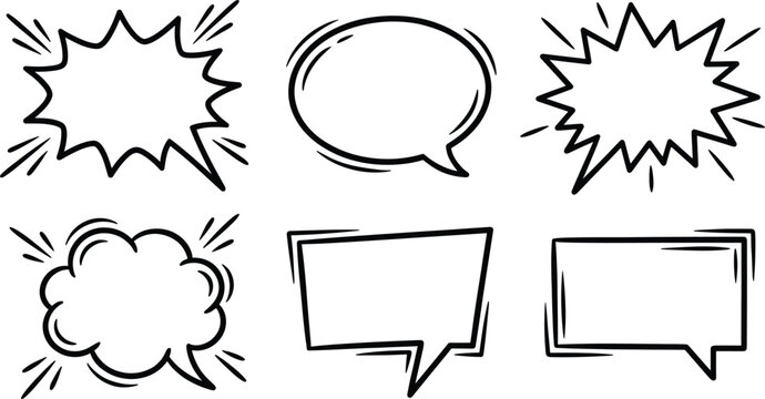 Six hand drawn black and white comic speech bubble shapes on a white background cartoon talk dialogue