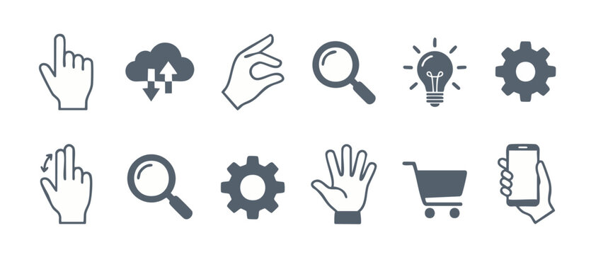 User Interface UI Icon Set for Digital Mobile Apps and Web Design. Gestures, cloud storage, search magnifying glass, settings gear, idea lightbulb, shopping cart, and smartphone interaction symbols.