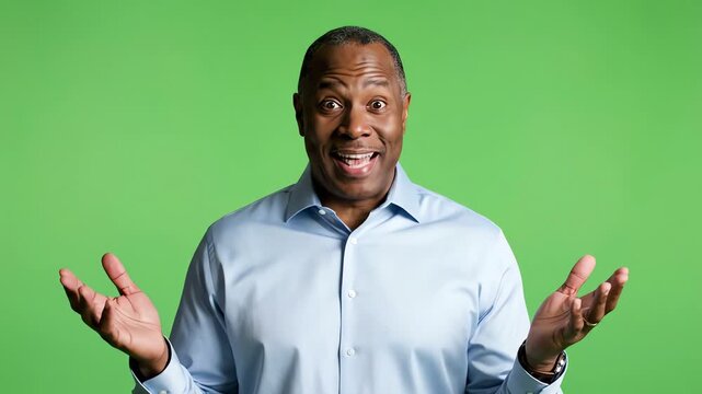 Surprised Black Man in Blue Shirt on Green Screen Background