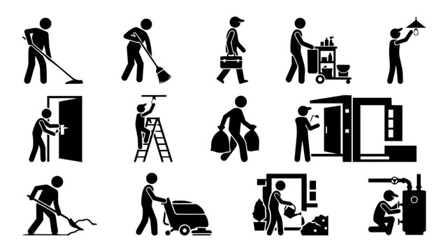 Janitor and Caretaker Icons &ndash; Building Maintenance and Facility Management Silhouettes