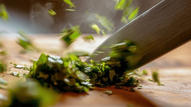 fast cutting herbs with sharp knife motion blur green fragments flying professional cooking action realism