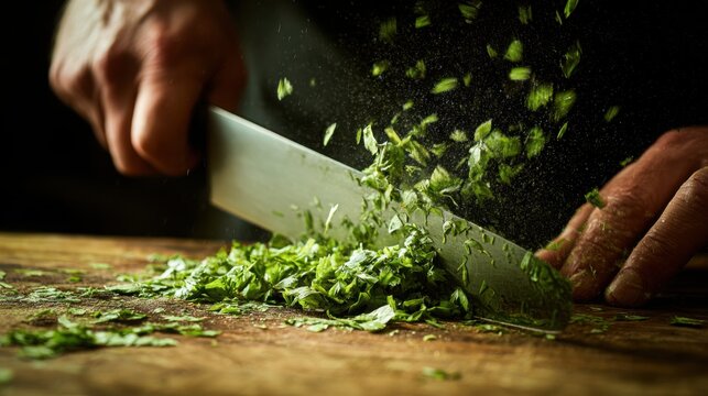 fast cutting herbs with sharp knife motion blur green fragments flying professional cooking action realism