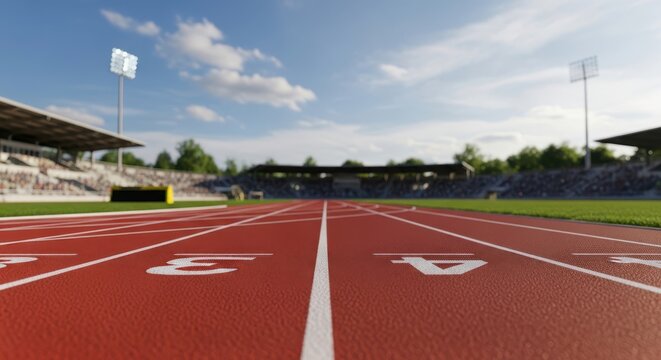 Red athletic track in outdoor stadium with spectators and bright daylight