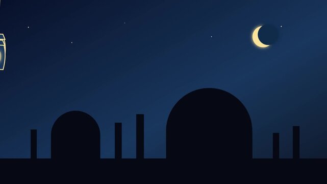 Ramadan Kareem night sky animation mosque crescent moon stars lantern