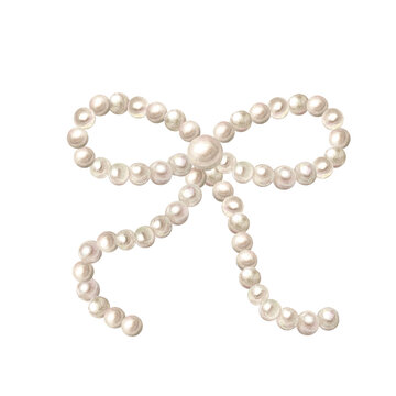 Watercolor pearl bow made of white beads isolated on transparent background