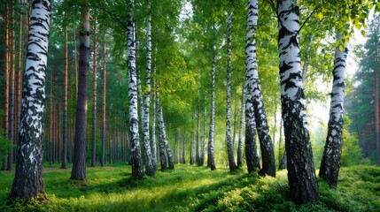 Obraz premium Birch trees standing in a lush green forest