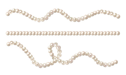 Watercolor set of white pearl garlands, strings of beads in various shapes isolated on transparent background © Mariia
