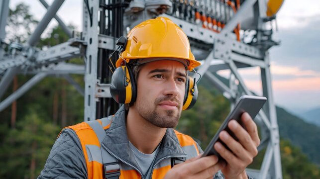 Telecommunication engineer checking signal on cell tower