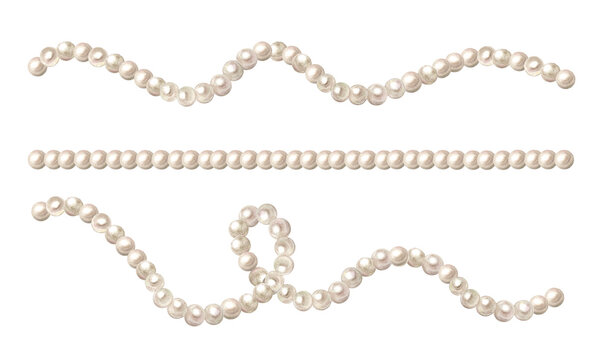 Watercolor set of white pearl garlands, strings of beads in various shapes isolated on transparent background
