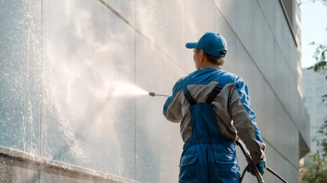 Worker pressure washing building facade with high pressure cleaner