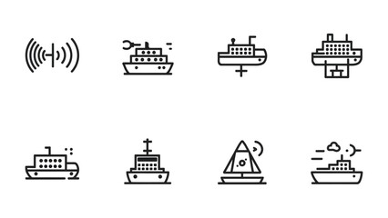 Obraz premium Vector Ships Line Icons: A collection of minimal vector line icons representing ships and maritime elements.