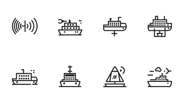 Vector Ships Line Icons: A collection of minimal vector line icons representing ships and maritime elements.