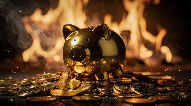 A shiny gold piggy bank surrounded by coins sits in front of a roaring fire, symbolizing wealth and financial growth.