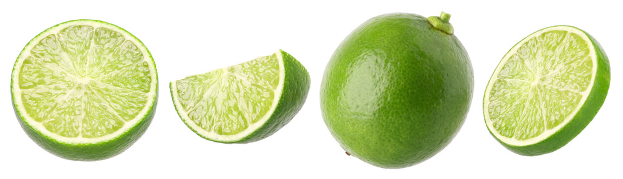 Natural fresh lime, half and slice isolated, transparent PNG, PNG format, cut out.
