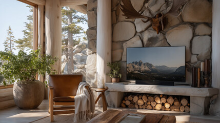 Obraz premium TV screen app display mockup mounted above a stone fireplace in upscale cabin interior. Elk antler décor on mantle, woolen throw across leather armchair, firewood stacked at hearth edge, skylight be
