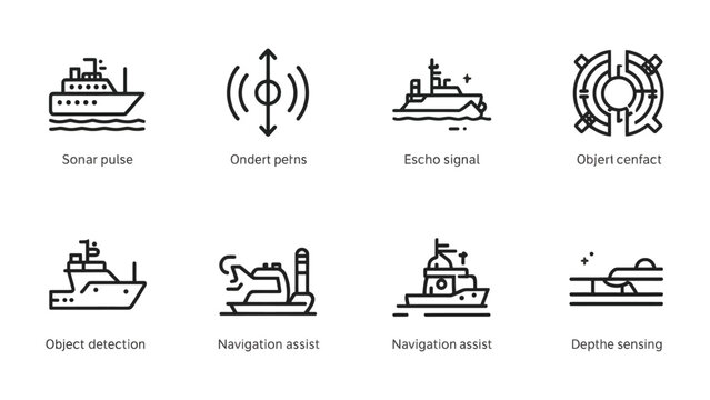 Navigational Echo Icons: A set of detailed icons illustrating various aspects of marine navigation, including sonar pulses, echo signals, and object detection.