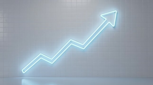 A neon arrow graph indicating growth, displayed against a tiled background, symbolizes progress and positive trends in business or finance.