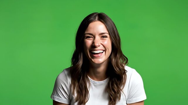Young Woman Laughing Joyfully on Green Screen Background