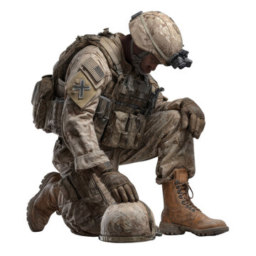 Soldier kneeling in battlefield with helmet and cross patch showing respect on memorial day memorial png