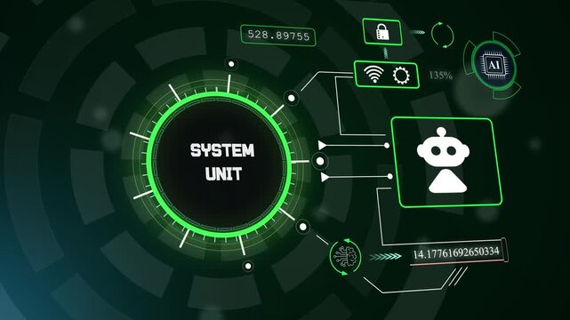 Powerful system unit interface with robotic icon for automated hardware monitoring and technical performance diagnostics, hud animation