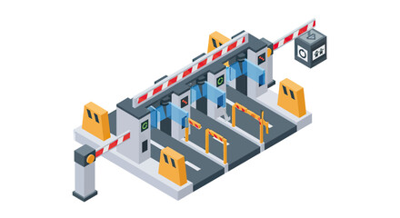Naklejka premium Isometric Highway Toll Plaza and Automated Barrier Gate System for Road Access Control