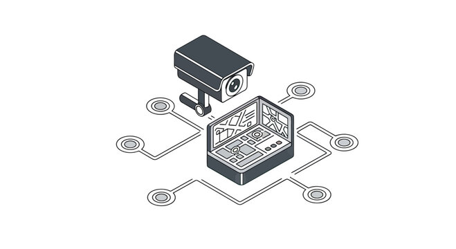 Isometric Surveillance Camera Monitoring Digital Map and Data Interface, Smart City Security and Technology Vector Illustration
