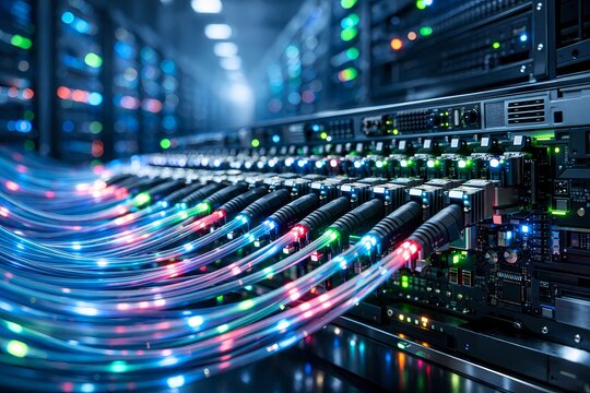 High resolution photo of a modern server rack connected by glowing fiber optic cables. This cool tech picture is highly recommended for computing concepts, data networks or administration.