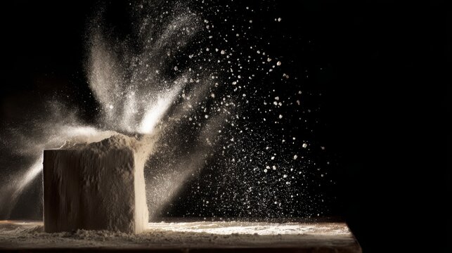 flour being sifted creating cloud in air particles floating dramatic side light dark background high detail motion freeze