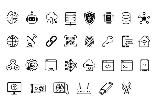 Internet computer web icons in line style. Cloud technology, data center, connection network, digital service, database platform, collection. Editable stroke. Vector illustration.