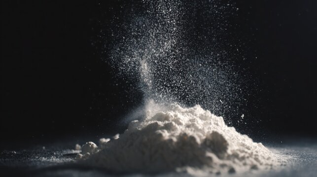 flour being sifted creating cloud in air particles floating dramatic side light dark background high detail motion freeze