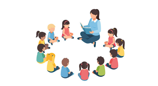Teacher reading a story book to a group of diverse children sitting in a circle, flat vector illustration of kindergarten or preschool storytelling time.