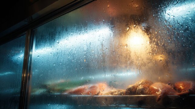 fogged glass seafood display window, condensation droplets, silhouettes of fresh fish and shellfish behind glass, cold humid atmosphere, cinematic