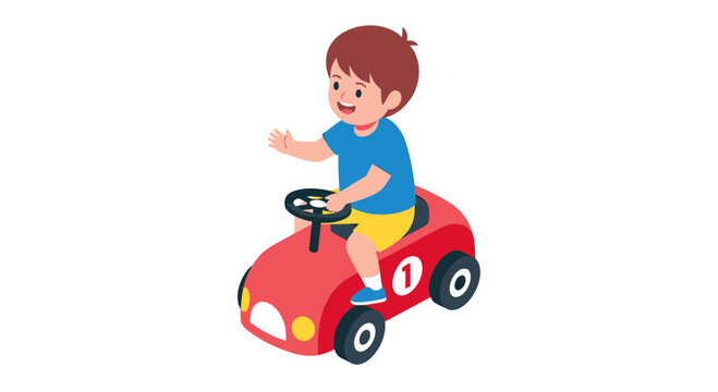 Happy Toddler Boy Driving a Red Toy Car and Waving, Childhood Play and Leisure Activity Vector Illustration