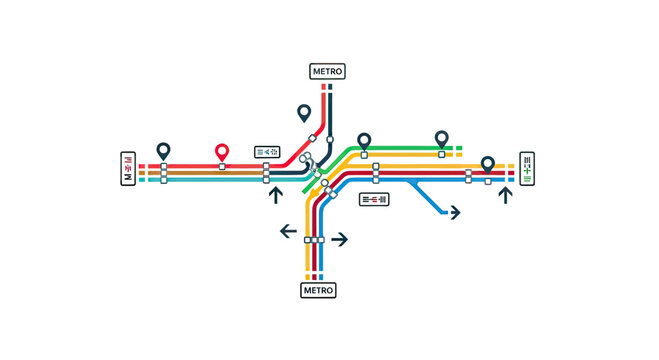 Abstract Metro Subway Map Design with Multi-colored Transit Routes and Navigation Pins