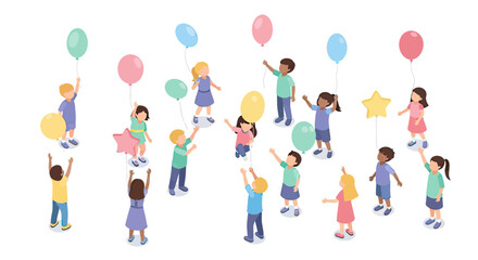 Fototapeta premium Diverse Group of Happy Children Playing with Colorful Helium Balloons, Isometric Flat Vector Illustration of Boys and Girls Celebrating Together