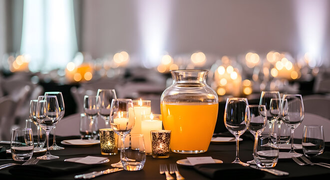 Elegant Event Table Setting with Candles Wine Glasses and Juice Pitcher