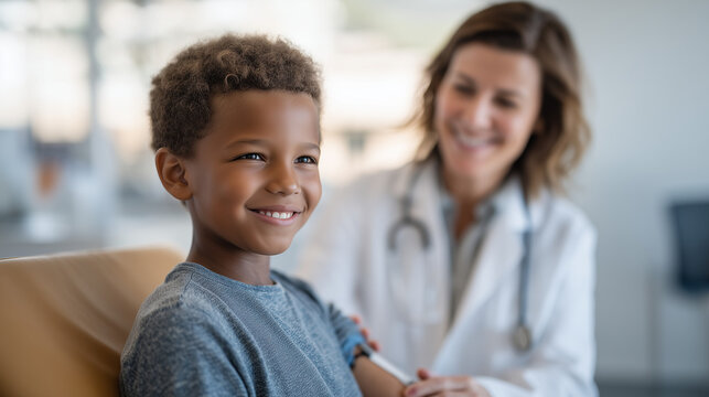 Pediatric hematology nurse practitioner administering CRISPR sickle cell therapy follow-up bloodwork to adolescent patient in cheerful clinical examination room, caring professional relationship vis