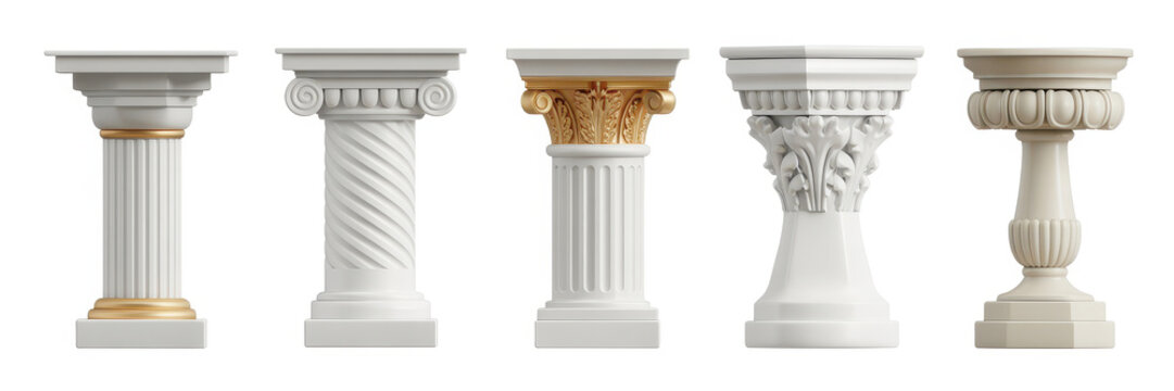 Collection of five classical architectural columns with various capitals isolated on white