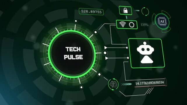 Modern tech pulse dashboard with robotic assistant icon for automated system coordination and advanced technological rhythm, hud animation