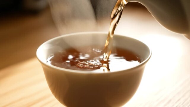 Hot steaming tea pouring into white ceramic cup wooden table close up warm beverage liquid steam rising cozy morning light aromatic infusion drink refreshment relaxing atmosphere close up cup beverage
