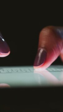 Night, person or hands typing with phone screen, writing phishing email or cyber crime for scam. Security link, ransomware virus or woman with mobile for digital fraud, internet hacking or dark net