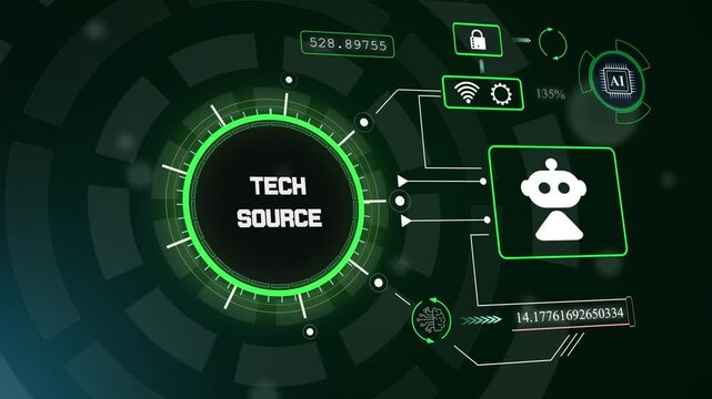 High-tech digital dashboard showcasing tech source visualization for secure information hosting and cloud repository projects, hud animation