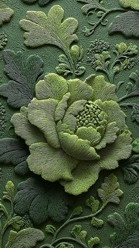 Light green embossed floral pattern with hydrangea and rose motifs, layered leaves, buds, and vines on textured paper, elegant romantic botanical design for premium packaging