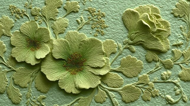 Light green embossed floral pattern with hydrangea and rose motifs, layered leaves, buds, and vines on textured paper, elegant romantic botanical design for premium packaging
